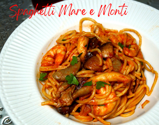 Pasta mit Pilzen und Garnelen - Spaghetti Mare e Monti 