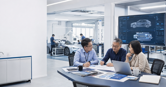 Executive leadership team discussing vehicle development in a modern automotive innovation centre in China.