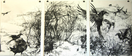 "Winterlandschaft mit Krähen", Triptychon, Reißkohle auf Papier, 3x je 61 x 46cm, 2015