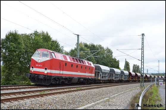 Wenige Stunden später kehrt die Lok dann mit Schotterzug Bau 93177 zurück. Der Zug wurde aus Jena geholt und ging nach Hosena Nord