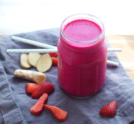 This ruby red smoothie has a beautiful flavor combination of strawberries and ginger that accent the beets in this recipe.  It's a great way to get more veggies into your breakfast routine! 