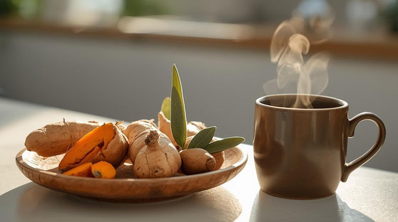 Frisch zubereitete Ayurveda Mahlzeit mit nährstoffreichen Lebensmitteln und Gewürzen
