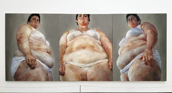 jenny saville's painting called Strtegy. three large figures in realsitic style of painting looking down on the viewer