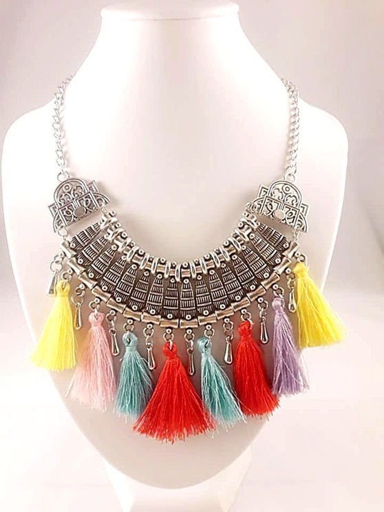 Collier fantaisie en alliage et pompons muticouleur femme
