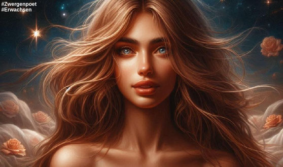 Eine blonde Frau mit leicht vom Wind zerzaustem Haar, umgeben von Wolken und Rosenblüten. Erstellt mit Microsoft Designer.