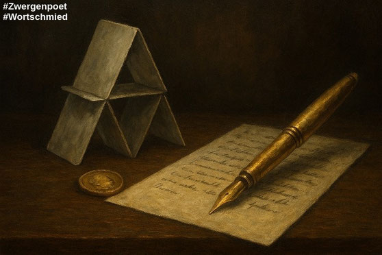 Ein Füllfederhalter, ein Blatt Papier. ein Kartenhaus und eine Goldmünze. Erstellt mit ChatGPT.