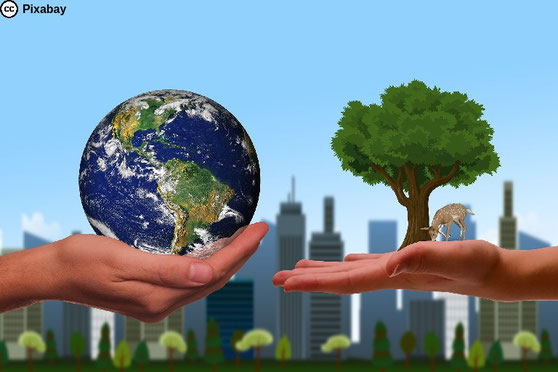Links im Bild eine Hand, die die Erdkugel hält, rechts eine Hand, auf der ein Laubbaum steht, vor dem ein Reh frisst. Der Hintergrund zeigt die Silhouette einer Großstadt. Bild von Gerd Altmann auf Pixabay.