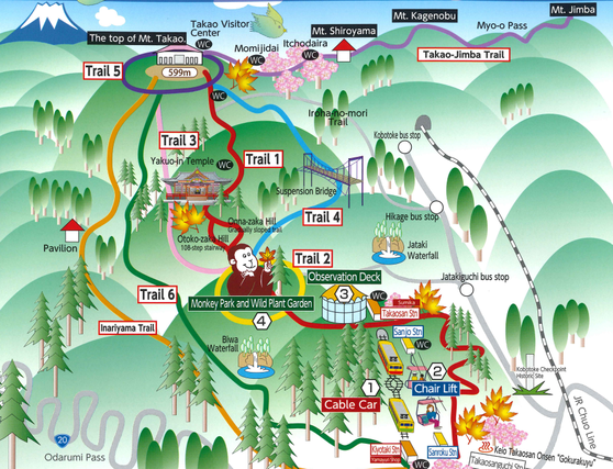 Mt Takao map (SOURCE: https://www.takaotozan.co.jp/course/img/course_map_english.pdf)