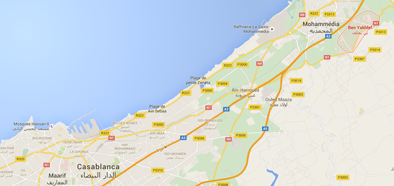 La localisation de Beni Yakhlef dans l’agglomération de Casablanca et de Mohammédia. Carte : Google Maps.