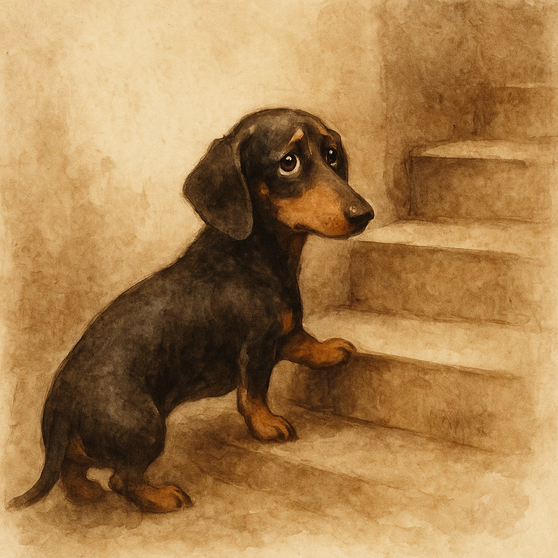 Dackel mit traurig-fragendem Blick steht vor einer Treppe und hebt ein Vorderbein an – symbolisch für die körperliche Belastung kurzbeiniger Hunde. 