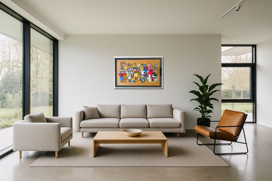 Modernes Wohnzimmer mit dem 120x78 cm großen Bild FRIENDS über dem Sideboard. Das Schutzglas sorgt für hochwertige Lichtreflexionen.