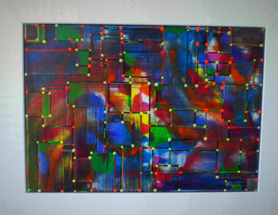 Im ersten Moment ein sehr düsteres Acrylbild. Mit der zeit tauchen jedoch immer mehr helle grelle Punkte und Linien auf. Rin teil der Farben beinhaltet selbst leuchtend Pigmente.