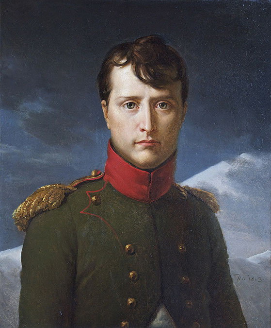 A portrait of a young Napoleon Bonaparte in a military uniform with gold buttons and epaulettes, set against a dark sky and snowy mountains, capturing his intense gaze and determination.