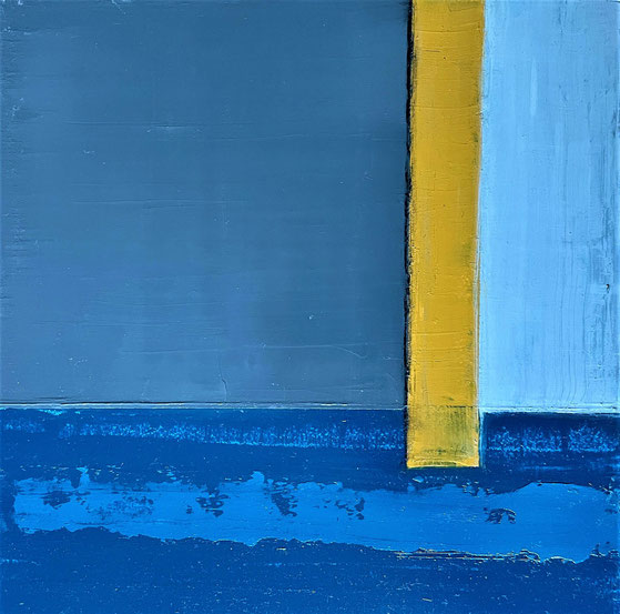 Square abstract painting, blue rectangle at the bottom, greay square on top with a fat yellow line on the left