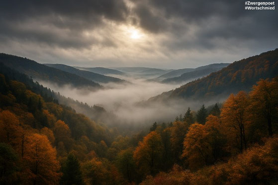 Nebel zieht durch das von sanften, bewaldeten Hügeln umgebene Tal, der Himmel ist dicht bewölkt. Der Herbst hält Einzug, das Grün der Natur wandelt sich zu gelben und braunen Farbtönen. Erstellt mit ChatGPT.
