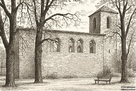 Die Außenmauern der Kirche, die bei einem Blitzeinschlag ausbrannte, stehen noch. Eine Bank und einige Bäume vervollständigen das Bild im Stil einer Bleistiftzeichnung. Foto bearbeitet mit Craiyon und Microsoft Designer.