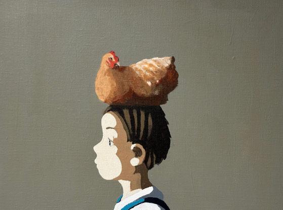 boy and hen - Acryl auf Leinwand, 30x40cm, 2024