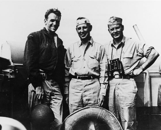 Lieutenant Commander Douglas Fairbanks, Jr., USNR, Captain Henry C. Johnson Lieutenant Commander John D. Bulkeley, USN, August 1944