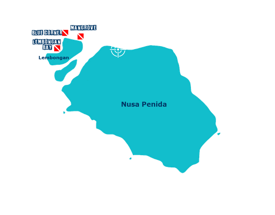 Nusa Lembongan dive site map, Blue corner, mangrove, lembongan bay.