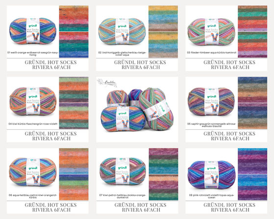 Das Foto zeigt die Farbkarte des Sockengarns Gründl Hot Socks Riviera 6fach. Abgebildet sind alle erhältlichen Farben mit Knäueln und der entsprechenden Farbe.