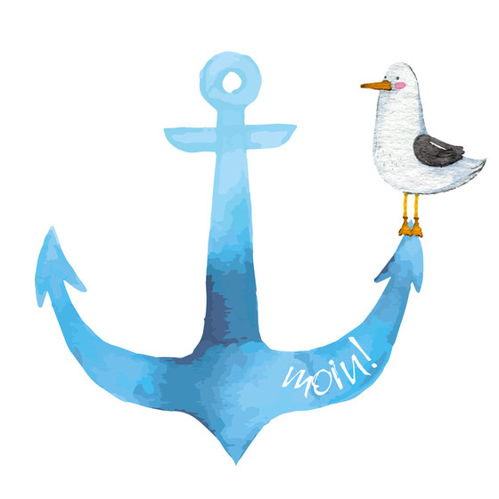 Wandaufkleber Anker mit lustiger Möwe und dem norddeutschen Gruß "moin!" in Aquarell Art