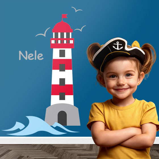 Wandaufkleber Leuchtturm  mit Möwen, Wellen - personalisierbar mit Wunschname