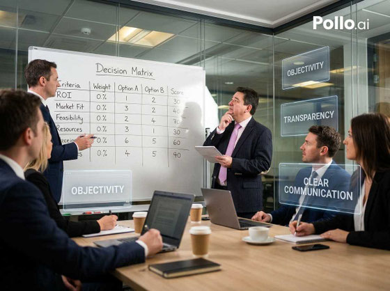 Ein Team bespricht an einem Whiteboard eine Bewertungsmatrix