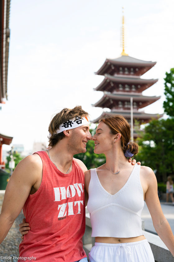Couple photoshoot in Asakusa Tokyo with the iconic five-story pagoda in the background