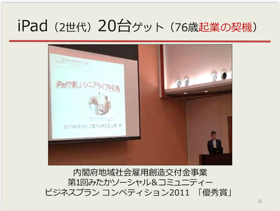 ☆山根が76歳で起業した契機となった、2011年の内閣府のビジネスコンペ風景。iPad(2世代)20台ゲット。