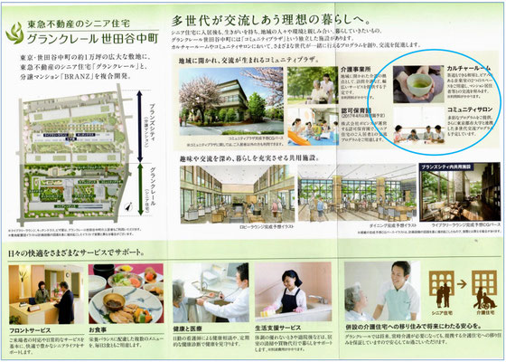 ☆いただいたシニア住宅グランクレール世田谷中町のパンフレットより。右上のカルチャールームやコミュニティーサロンでのiPhone やiPad講座の展開になります。
