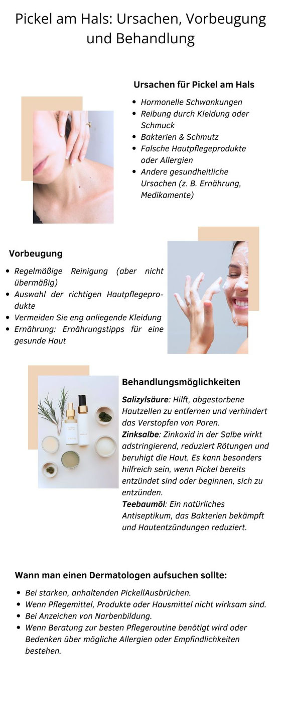 Infografik mit dem Titel 'Pickel am Hals', die verschiedene Ursachen für Pickelbildung am Hals darstellt, gefolgt von gängigen Behandlungsmöglichkeiten und Tipps zur Hautpflege.