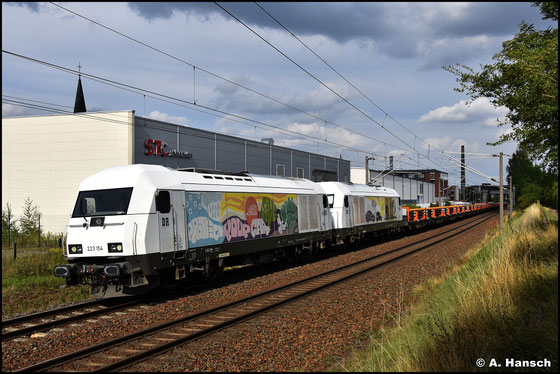 Recht bunt sind die beiden ER20, die Delta Rail Mitte 2022 gekauft hat. Als Paar sind 223 154-6 und 223 158-7 mit einem Langschienenzug am 22. August 2022 in Chemnitz-Schönau zu sehen