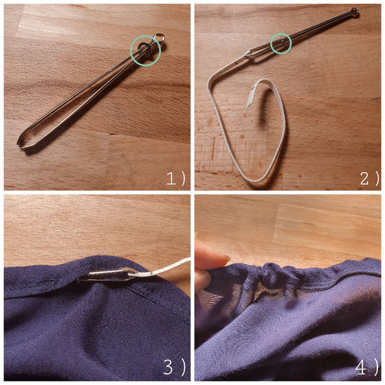 1) Der kleine Ring wird nach oben geschoben, damit sich die Nadel öffnet. 2) Das Gummiband wird eingeklemmt und der Ring wird wieder nach unten geschoben, damit sich die Nadel schließt. 3) + 4) Nun kann die Nadel durch den Tunnel gezogen werden.