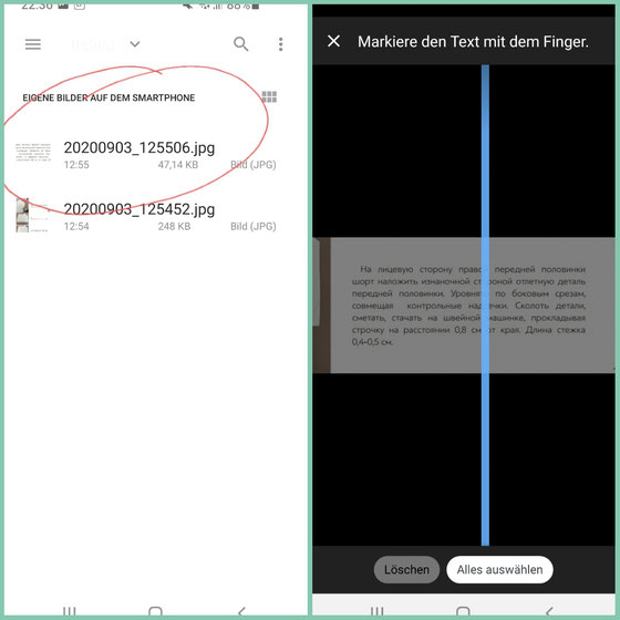 Sucht den Screenshot in eurem jeweiligen Ordner (links), die App beginnt dann den Text zu scannen (rechts)