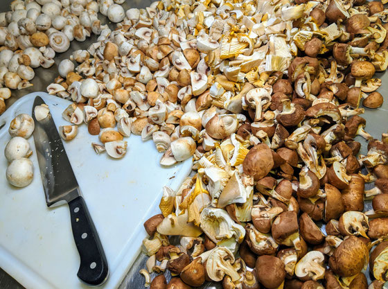 Frische Pilze für die Sauce, von Hand geschnitten.