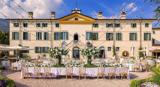 Stühle und Tische vor einem schönen Haus im Toskanastil zur Vorberitung auf eine Hochzeit