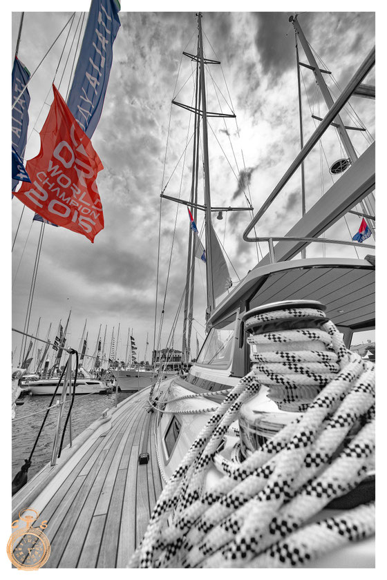 Sailboat in black white against a strong sky, Color Touch Effects 