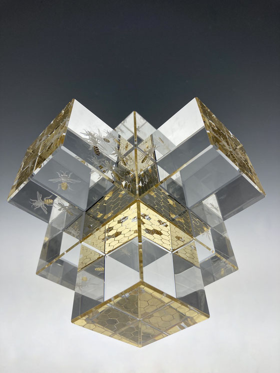 Optical glass sculpture with engraving and 22ct gold leaf.  For sale at the exhibition and afterwards. 