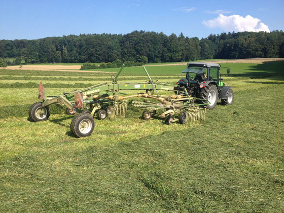 Doppelschwader Swadro von Krone mit Deut Fahr Traktor im Feldeinsatz beim schwaden von Silage.