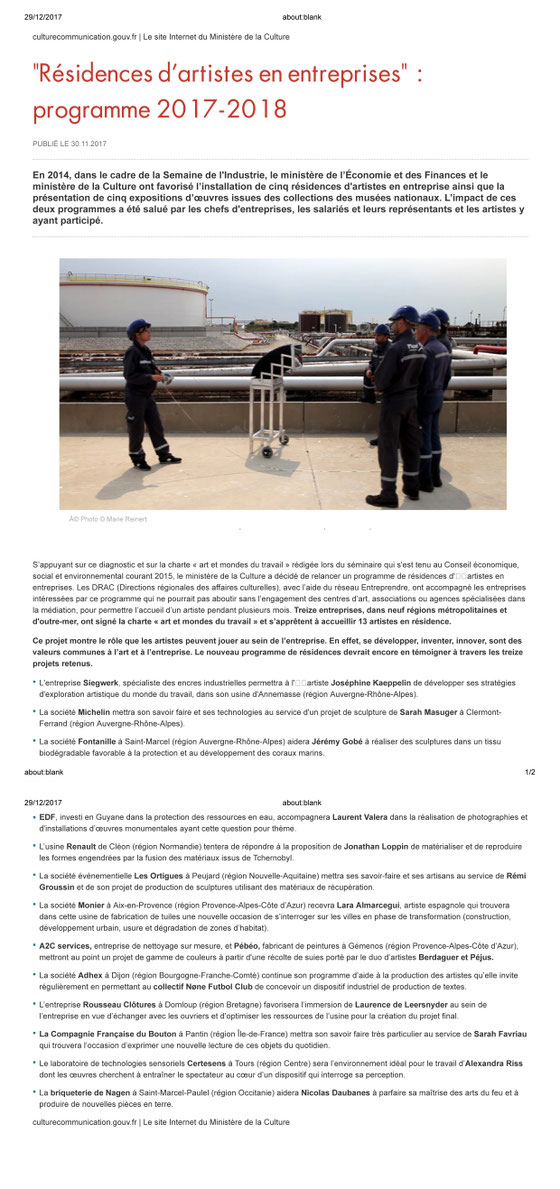 Annonce des projets lauréats des "Résidences en entreprises" du Ministère de la Culture - décembre 2017