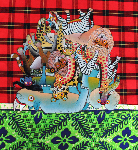 Kilimandjaro d'animaux, collage sur tissus traditionnels tanzaniens, dim. 32cm x 30cm, octobre 2016.