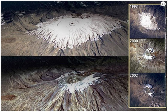 Vues satellites du Kilimandjaro en 1993, 2000 et 2002 