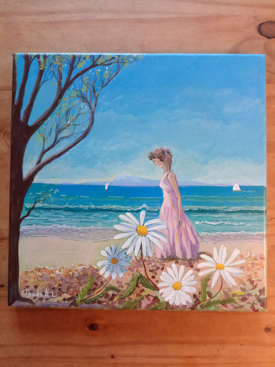 Rose et Marguerite à la mer. Acryl. sur toile. 30 X 30 cm. Disponible. 140€.