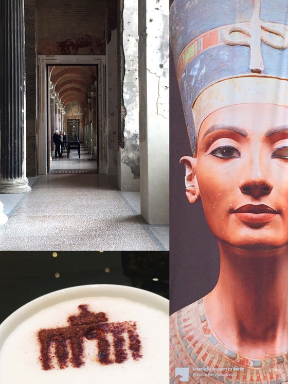 Fotocollage: Bröckelnder Putz an Säulen im Neuen Museum, Plakat von Nofrete und das Brandenburger Tor in Kakao