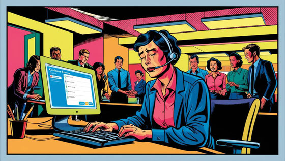 A woman working hard at the office, looks tired at the computer screen. Her collegues around her are chatting with each other.
