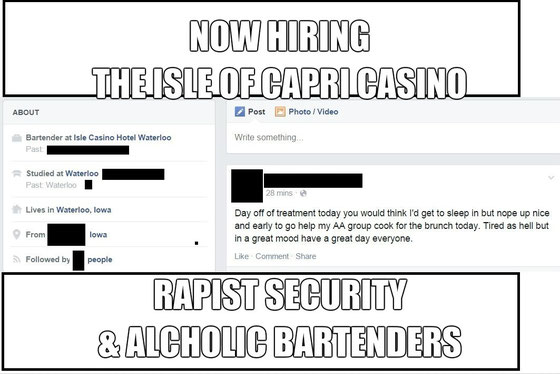 Facebook post of Alcoholic employed as bartender at Isle of Capri.