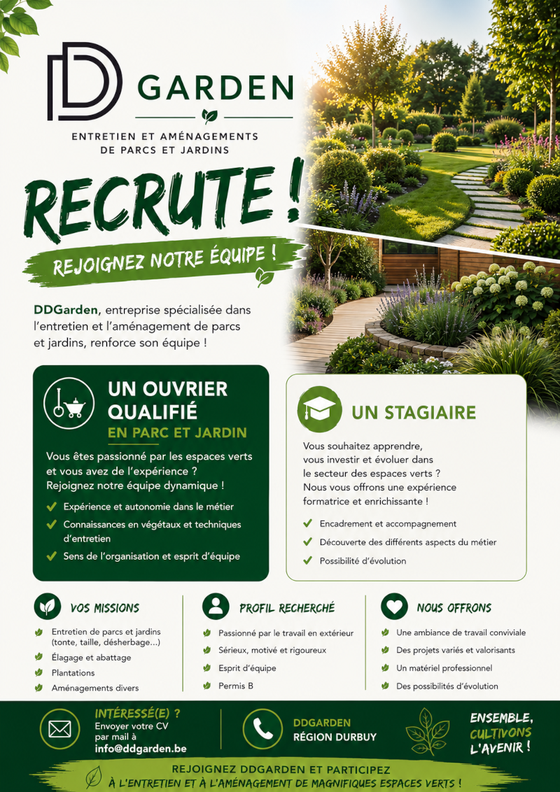 DD Garden recrute un ouvrier qualifié en aménagement extérieur et un stagiaire
