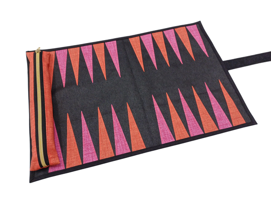 Backgammon Reisespiel zum Zusammenrollen schwarz/pink/orange