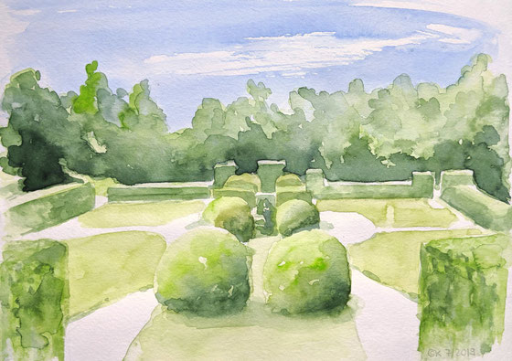 Aquarellskizze "Blick in den Ebenböckpark": rung geschnittene Büsche in der Mitte, kleiner Park ist umgeben von Hecken, im Hintergrund Bewaldung
