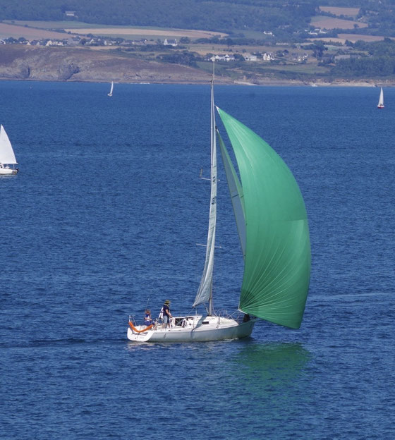 Voilier sous spinnaker vert sur mer bleue en Baie de Douarnenez.